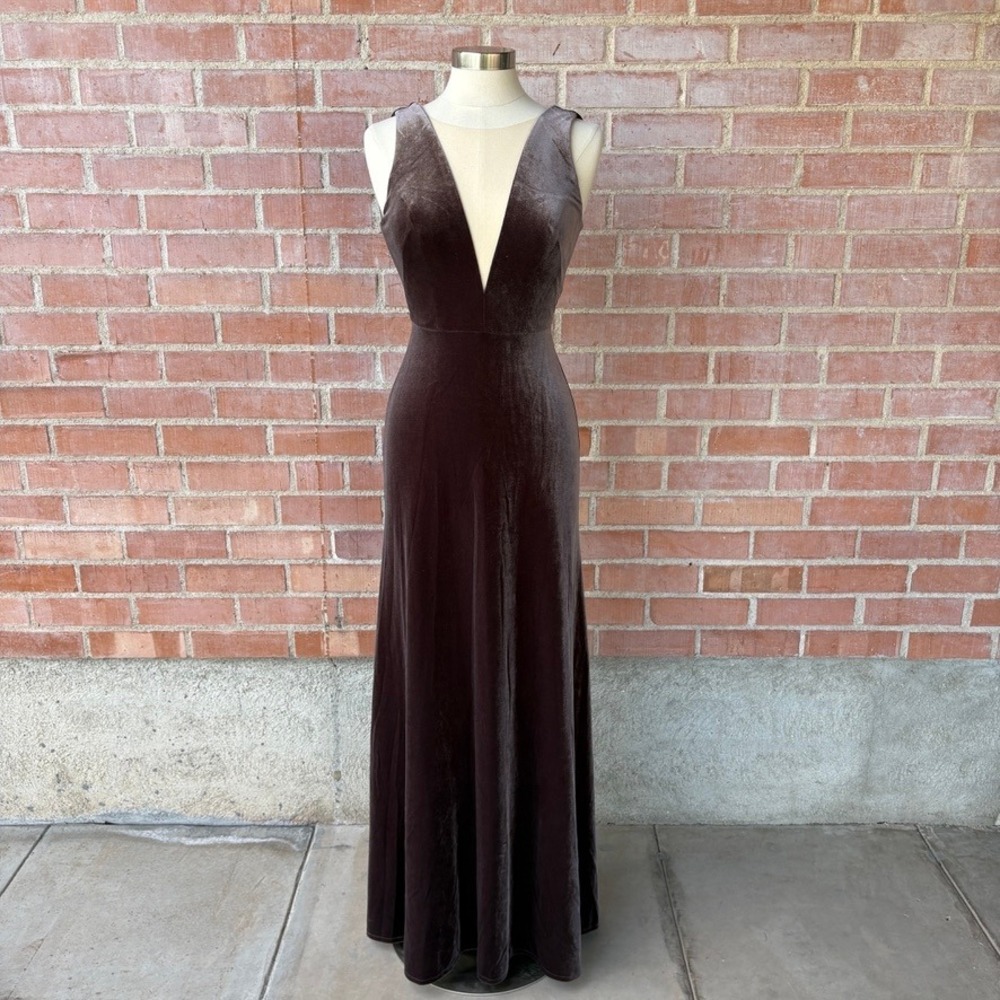 Jenny Yoo Collection Chocolate Brown Velvet Deep V-Neck Open Back Gown Size 2